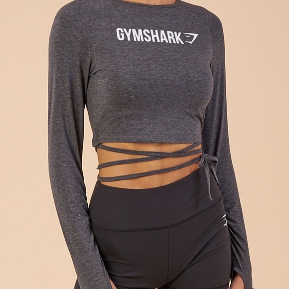 GYMSHARK Long Sleeve Ribbon Crop Top - Charcoal Marl - Large BRAND NEW - Picture 2 of 13
